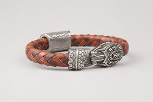 Bracelet Viking Serpent de Midgard (Jormungandr) en Cuir Tressé et bronze